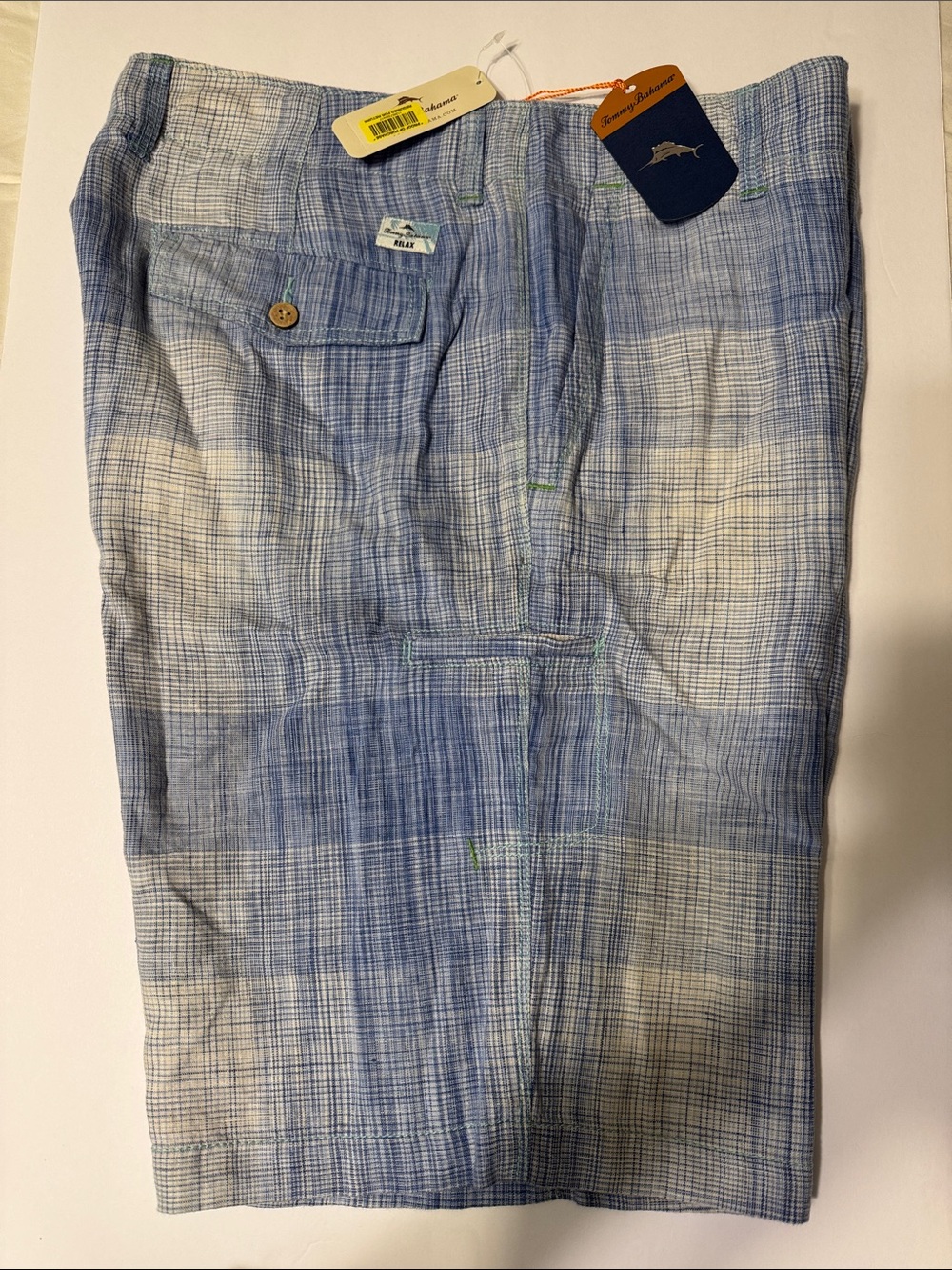 Tommy Bahama Light Blue and Cream Plaid Linen-Blend Shorts